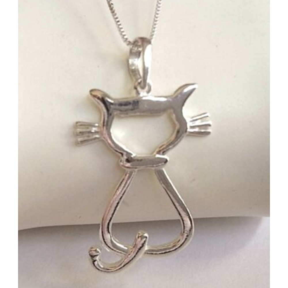 925 Sterling Silver Kitty Cat Lady Necklace 18" Silhouette Design 18" Box Chain